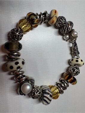 Trollbeads Cream, Black and Amber Glass and Pearl Bead Charm Bracelet